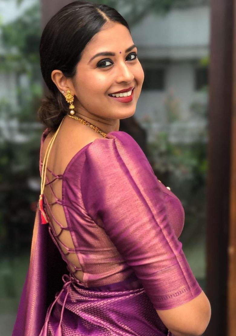 Purple Jacquard Silk Blend Saree Set - Indya