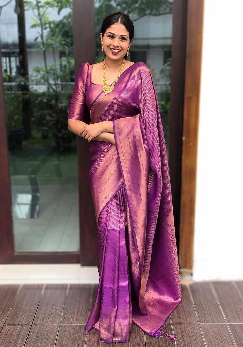 Purple Jacquard Silk Saree Set