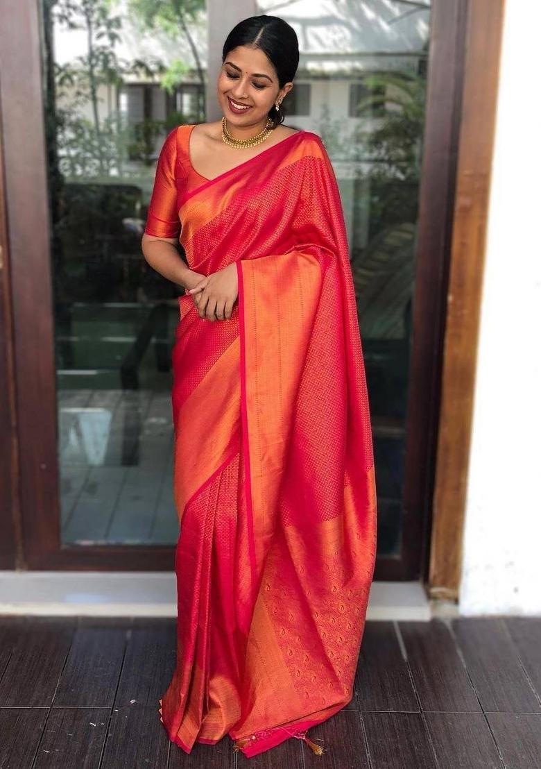 Red Jacquard Silk Blend Saree Set - Indya