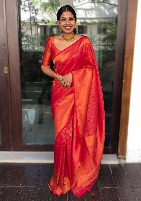 Red Jacquard Silk Blend Saree Set