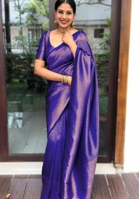 Royal Blue Jacquard Silk Blend Saree Set