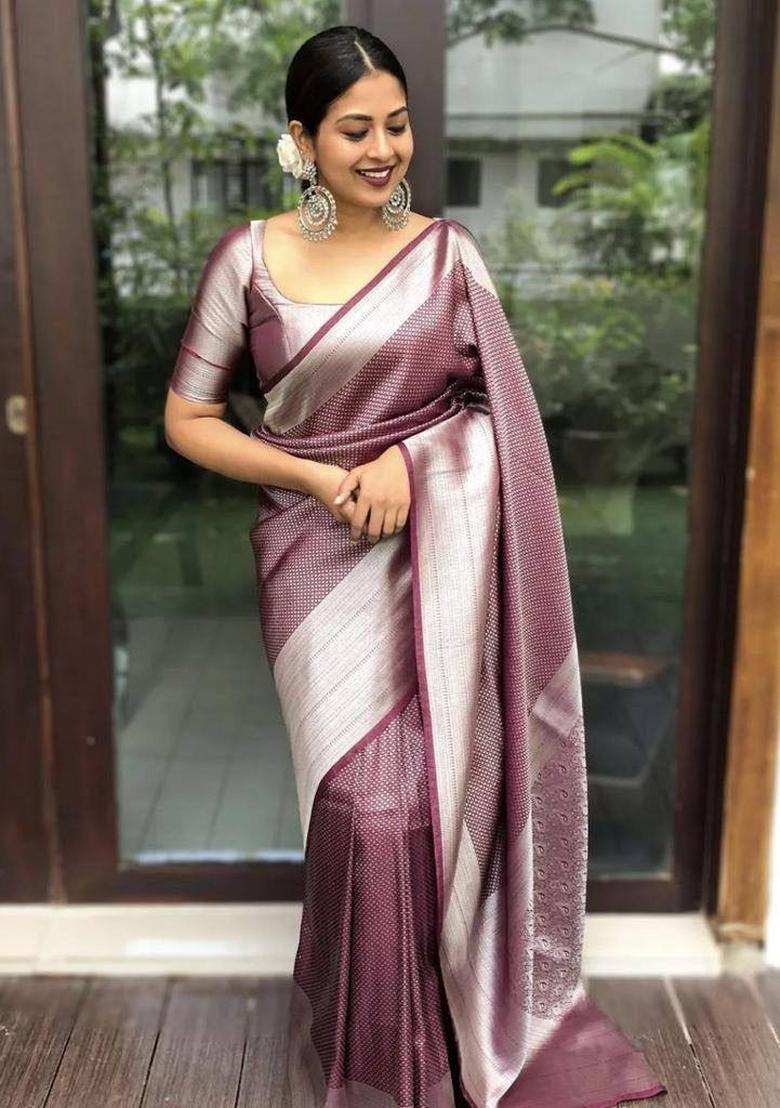 Wine Jacquard Silk Blend Saree Set - Indya
