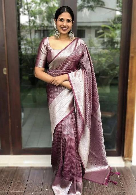 Wine Jacquard Silk Blend Saree Set