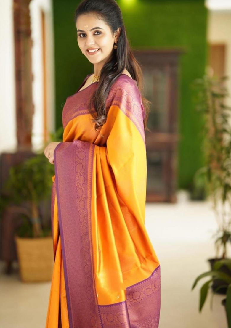 Yellow Jacquard Silk Blend Saree Set - Indya
