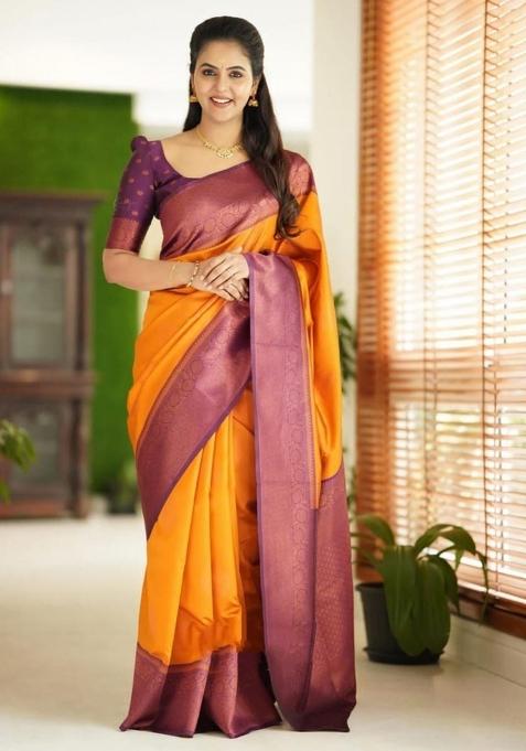 Yellow Jacquard Silk Blend Saree Set