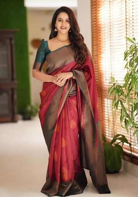 Maroon Jacquard Silk Blend Saree Set