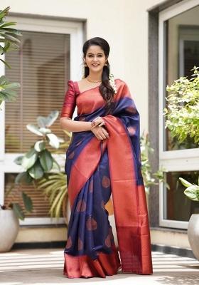Navy Blue Jacquard Silk Blend Saree Set