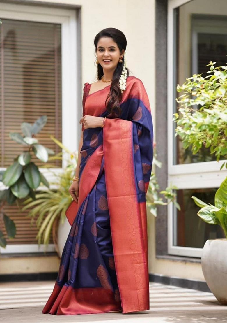 Navy Blue Jacquard Silk Blend Saree Set - Indya
