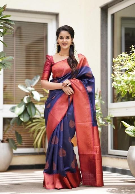 Navy Blue Jacquard Silk Saree Set