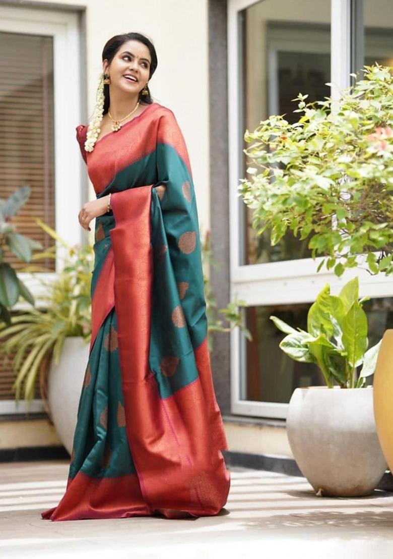 Teal Jacquard Silk Blend Saree Set - Indya