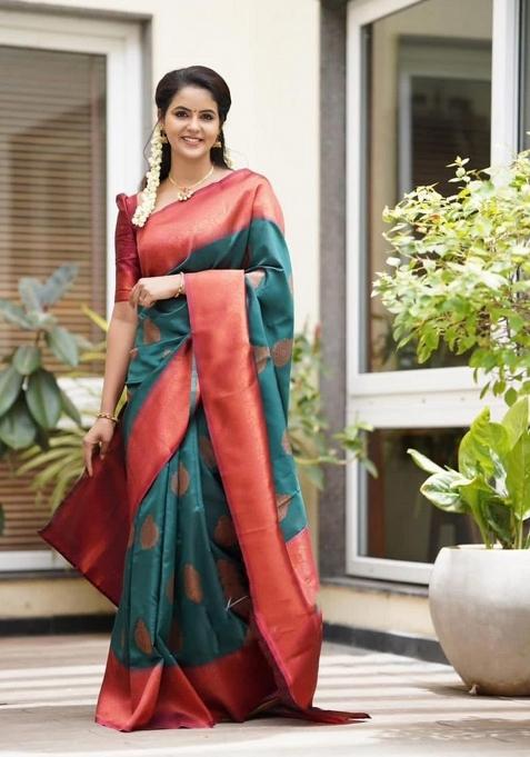 Teal Jacquard Silk Blend Saree Set