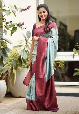Sky Blue Jacquard Silk Blend Saree Set