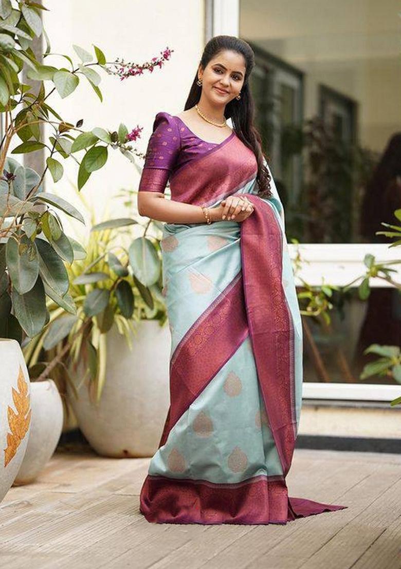Sky Blue Jacquard Silk Blend Saree Set - Indya