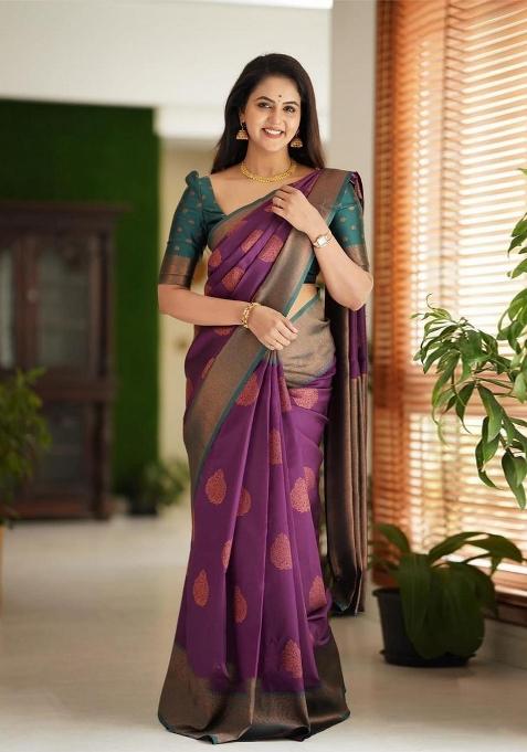 Wine Jacquard Silk Blend Saree Set