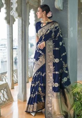 Navy Blue Jacquard Silk Blend Saree Set