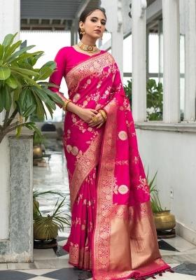 Magenta Jacquard Silk Blend Saree Set