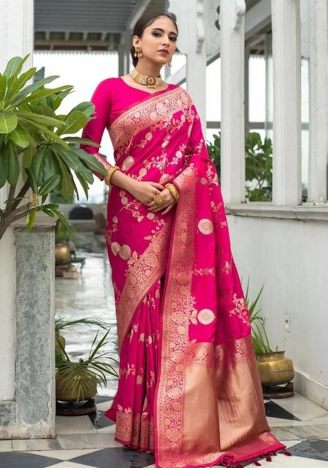 Magenta Jacquard Silk Saree Set