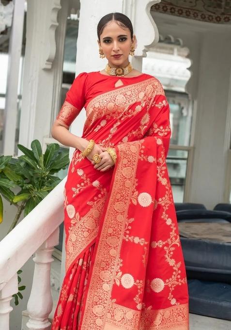 Red Jacquard Silk Blend Saree Set