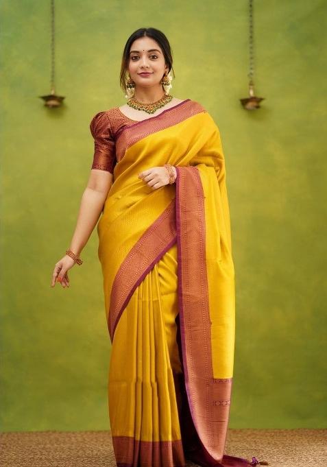 Yellow Jacquard Silk Blend Saree Set