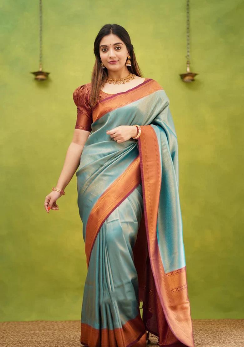 Sky Blue Jacquard Silk Blend Saree Set - Indya