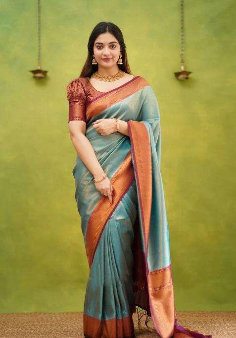 Sky Blue Jacquard Silk Blend Saree Set