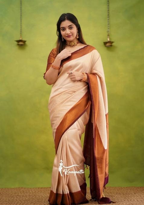 Off White Jacquard Silk Blend Saree Set