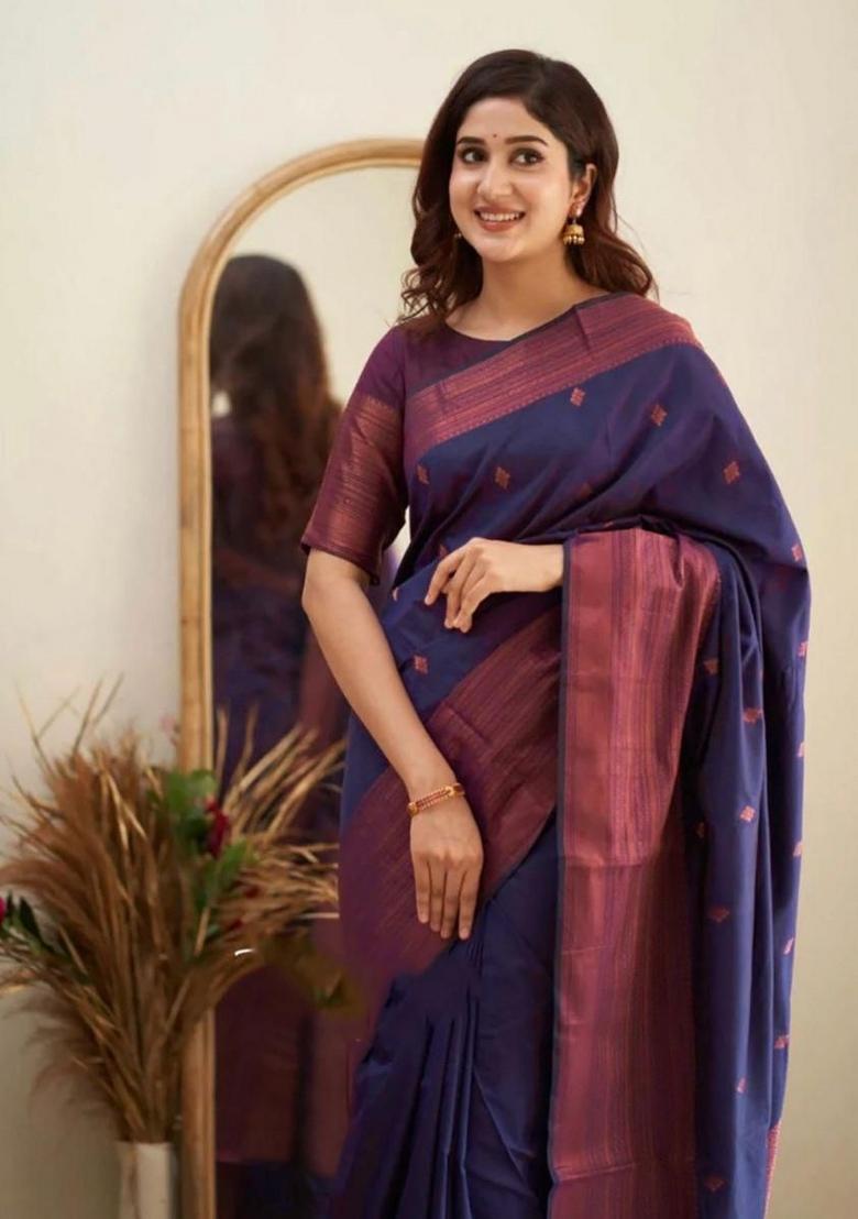 Navy Blue Jacquard Silk Blend Saree Set - Indya