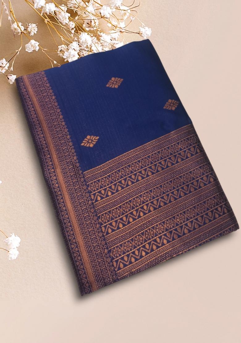 Navy Blue Jacquard Silk Blend Saree Set - Indya