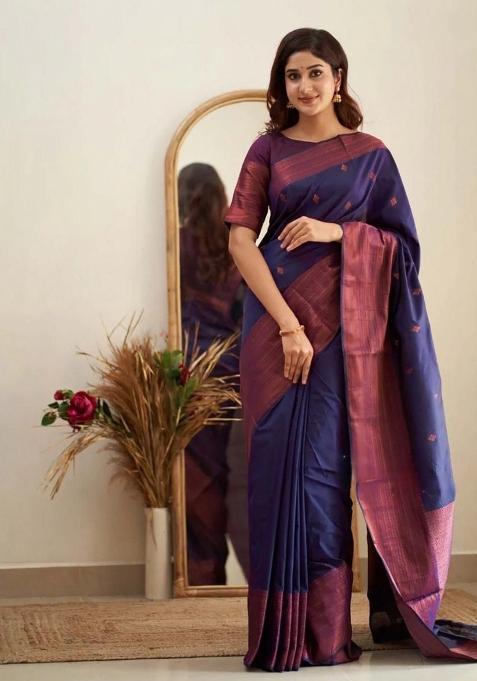Navy Blue Jacquard Silk Saree Set