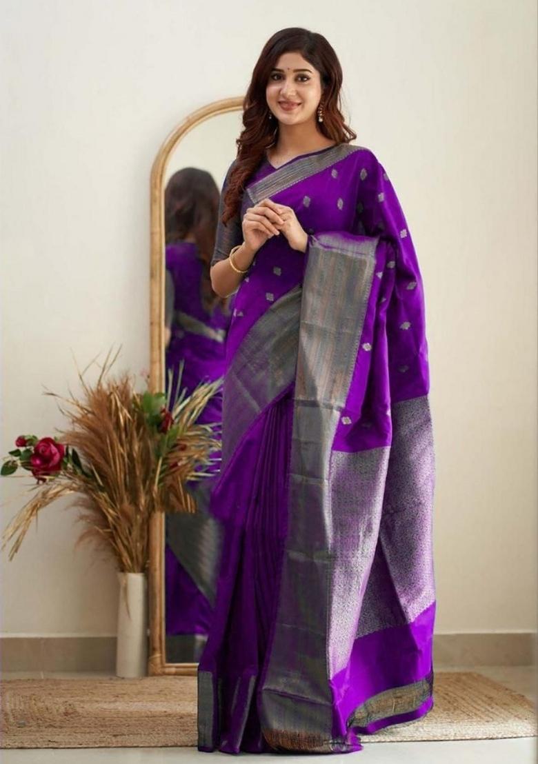 Purple Jacquard Silk Blend Saree Set - Indya