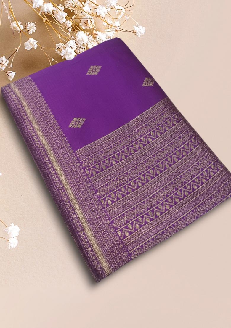 Purple Jacquard Silk Blend Saree Set - Indya