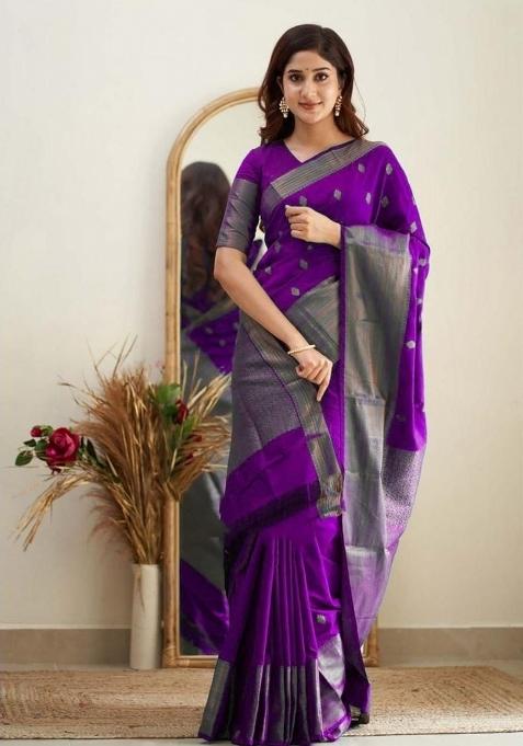 Purple Jacquard Silk Saree Set