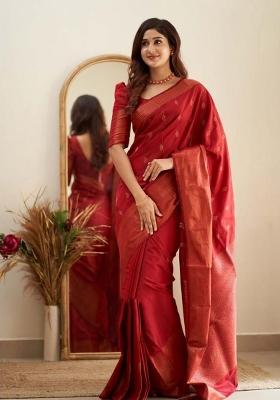 Red Jacquard Silk Blend Saree Set