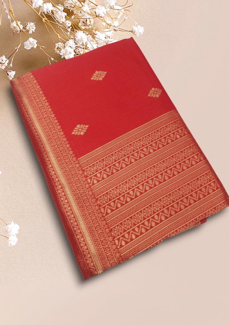 Red Jacquard Silk Blend Saree Set - Indya
