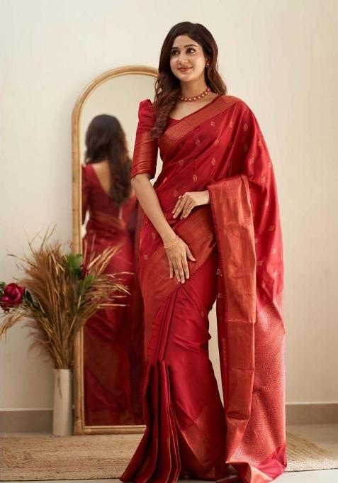 Red Jacquard Silk Saree Set