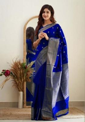 Royal Blue Jacquard Silk Blend Saree Set