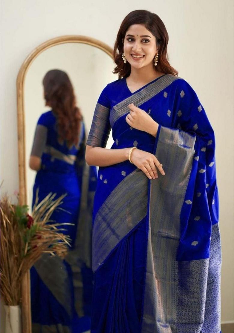 Royal Blue Jacquard Silk Blend Saree Set - Indya