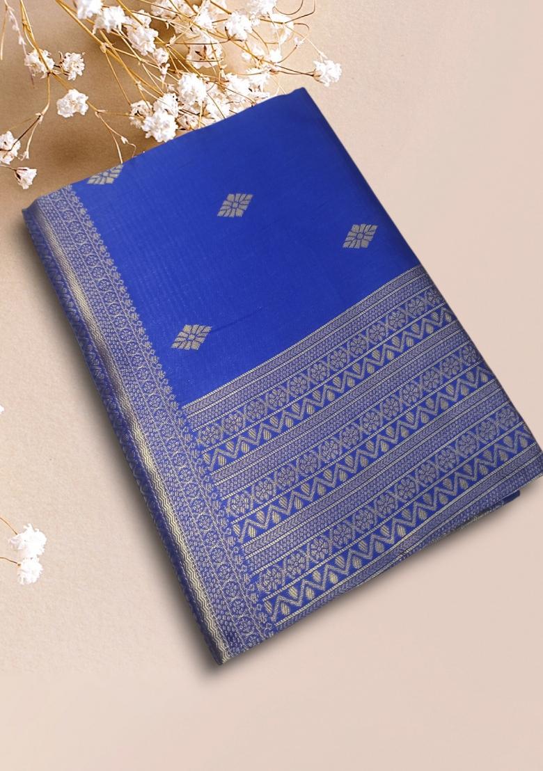 Royal Blue Jacquard Silk Blend Saree Set - Indya