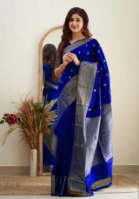 Royal Blue Jacquard Silk Blend Saree Set