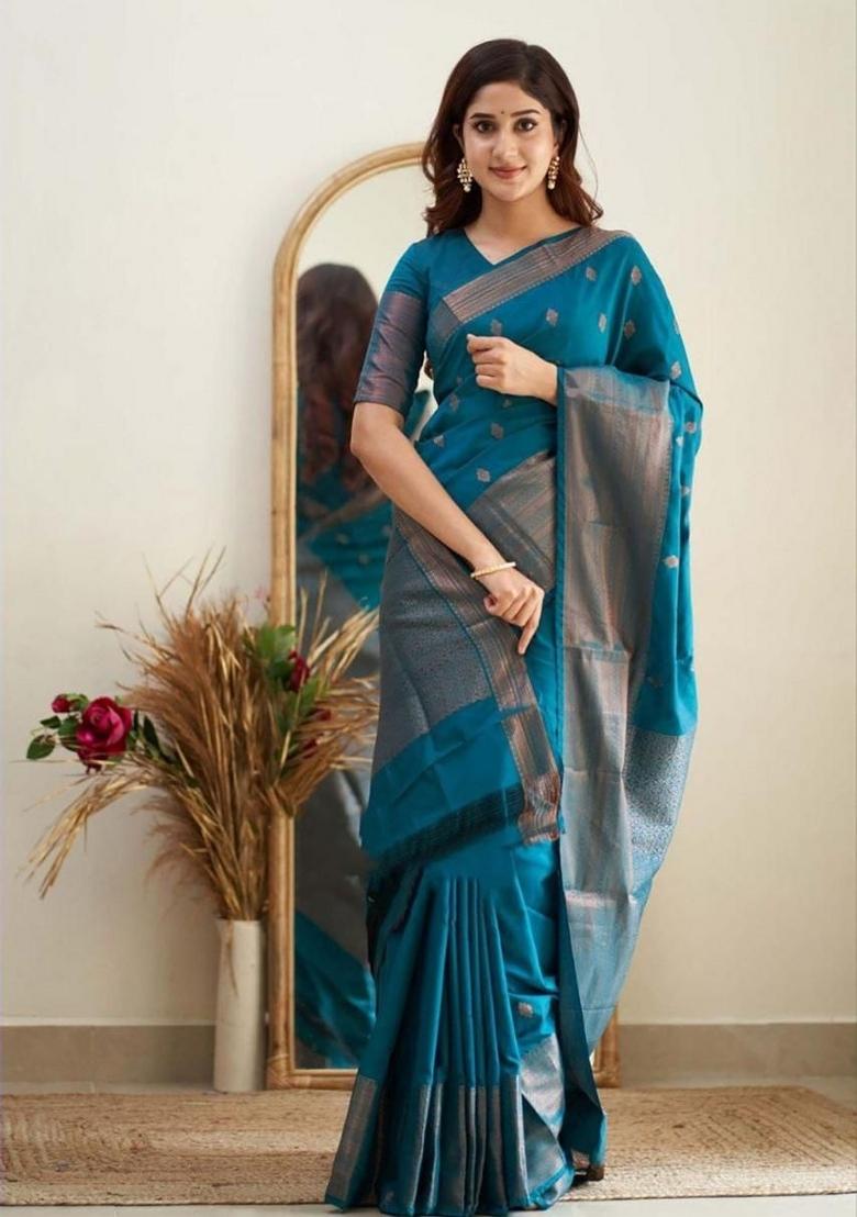 Sky Blue Jacquard Silk Blend Saree Set - Indya
