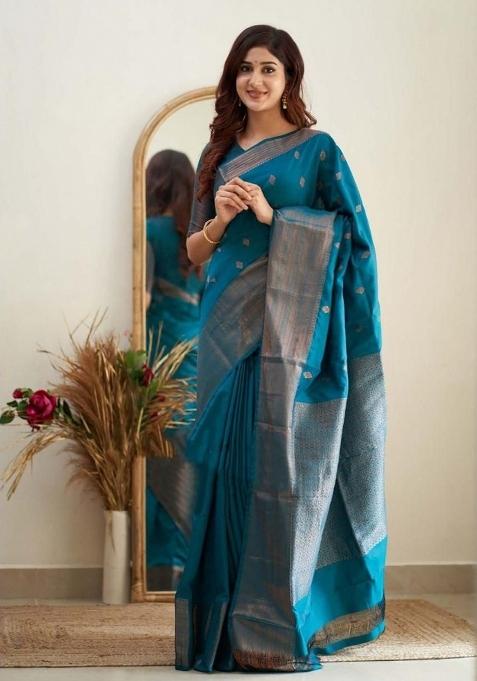 Sky Blue Jacquard Silk Blend Saree Set