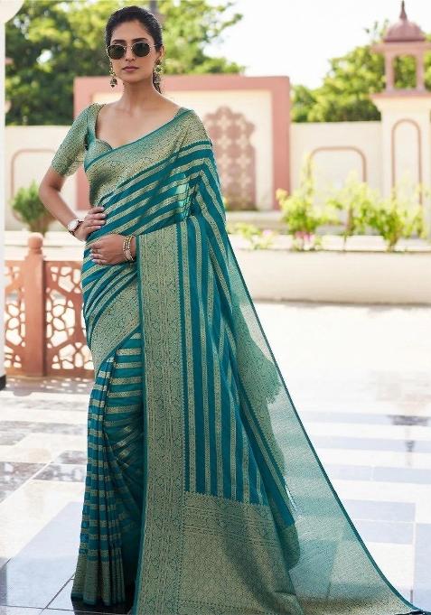 Rama Jacquard Silk Blend Saree Set