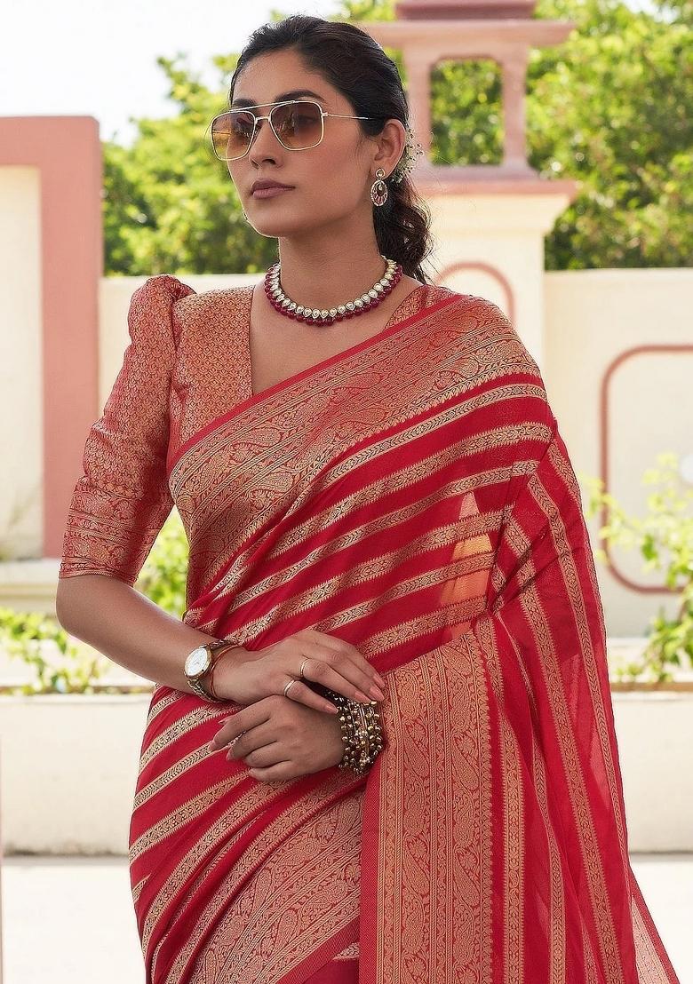Red Jacquard Silk Blend Saree Set - Indya