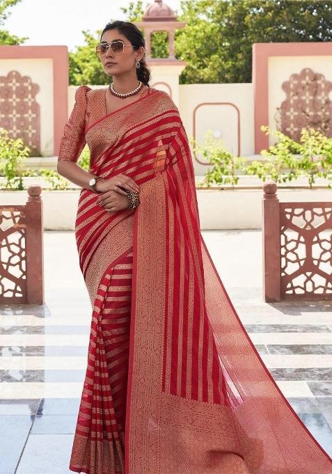 Red Jacquard Silk Blend Saree Set