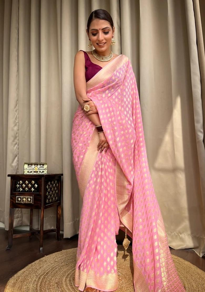 Baby Pink Jacquard Silk Blend Saree Set - Indya