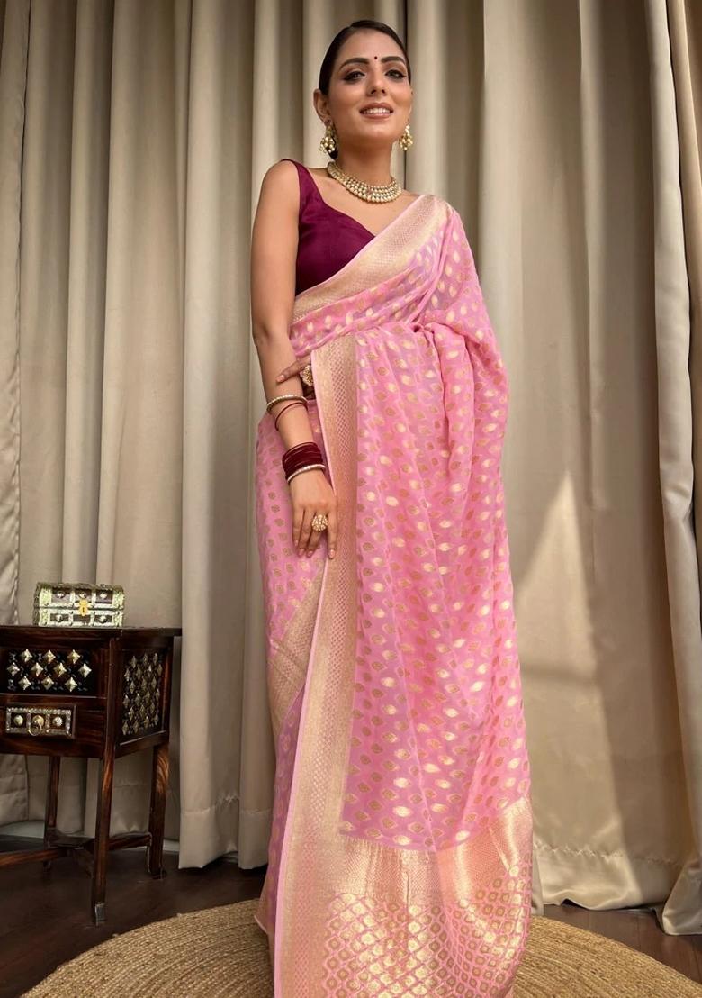 Baby Pink Jacquard Silk Blend Saree Set - Indya