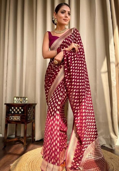 Maroon Jacquard Silk Blend Saree Set