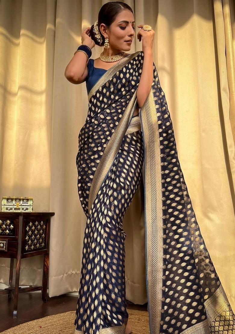 Navy Blue Jacquard Silk Blend Saree Set - Indya