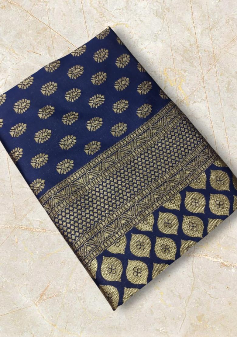 Navy Blue Jacquard Silk Blend Saree Set - Indya