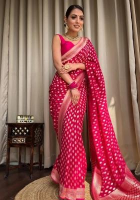 Pink Jacquard Silk Blend Saree Set